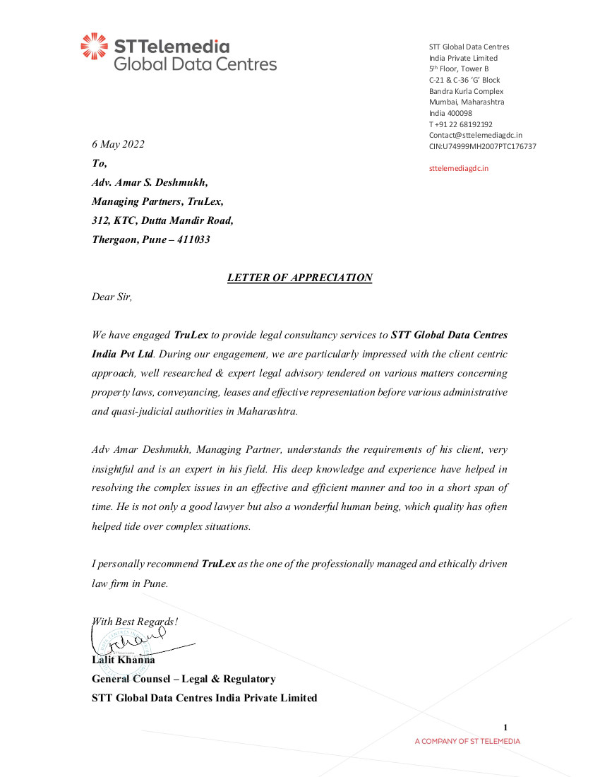 Letter of appreciation from STT Global Data Centers India Pvt. Ltd.